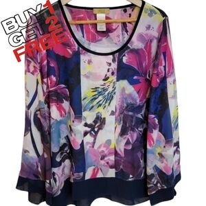 Valerie Stevens Watercolor Floral Chiffon‎ Long Sleeve Top XL